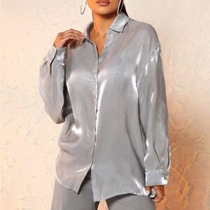Silver Shiny Button Up Long Sleeve Dress Shirt Womens